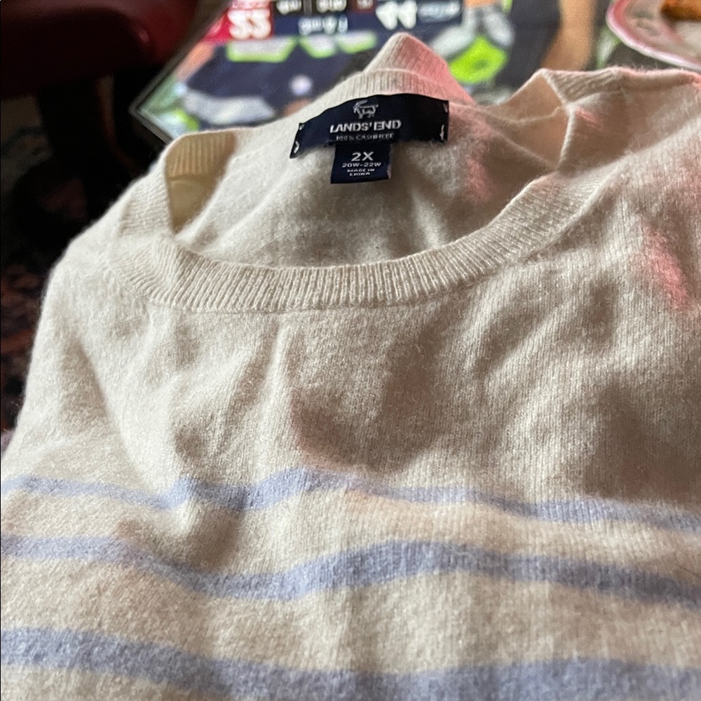 Lands' End Cream/Light Blue striped Sweater Long-sleeved 2X 100% cashmere.